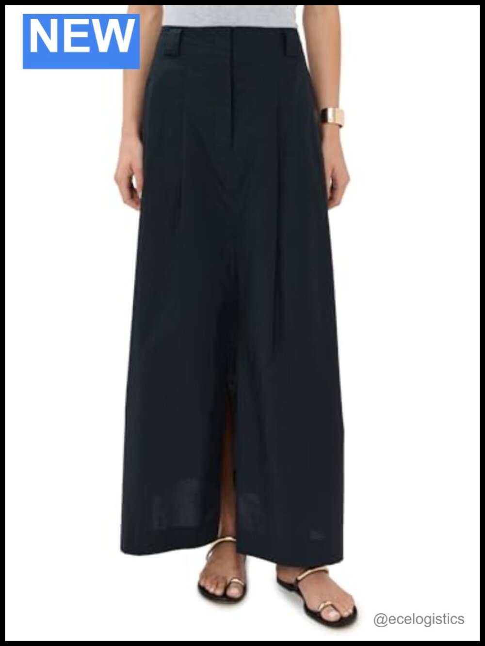 Women's Maxi Skirt Cotton Poplin High Rise Pleated Front Slit Pockets